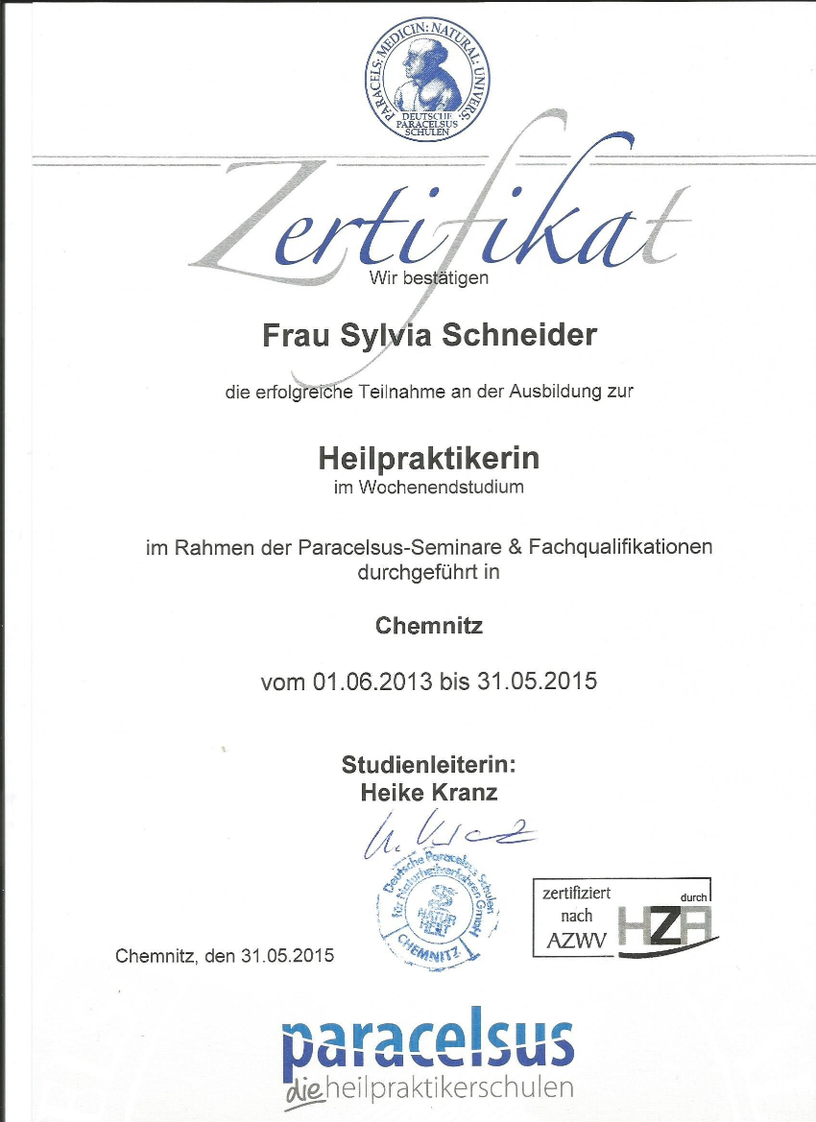 Zertifikat Heilpraktikerin Sylvia Schneider
